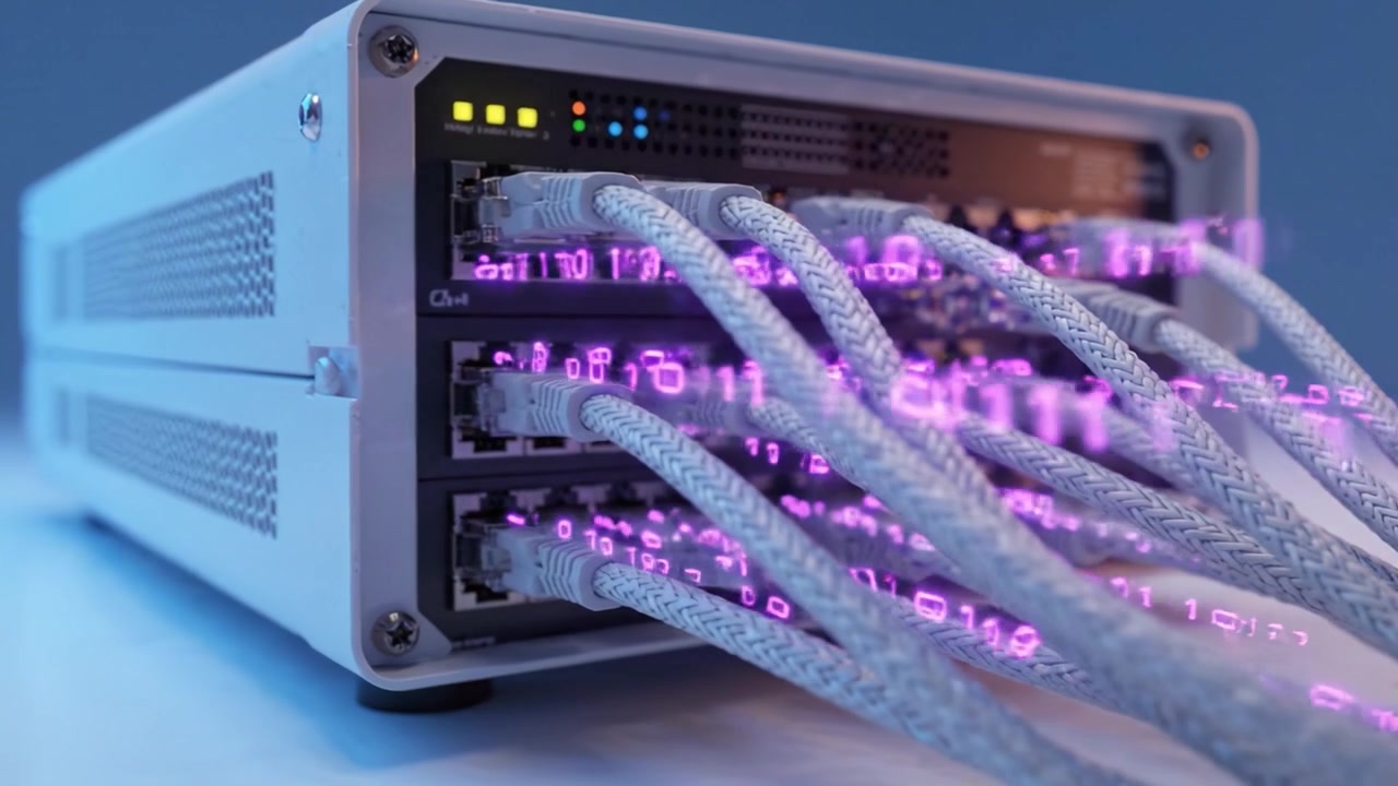 Advanced Data Transmission Device with Optical Fibers and Digital Coding, Showcasing Cutting-Edge Technology in Network Connectivity and Communication Systems