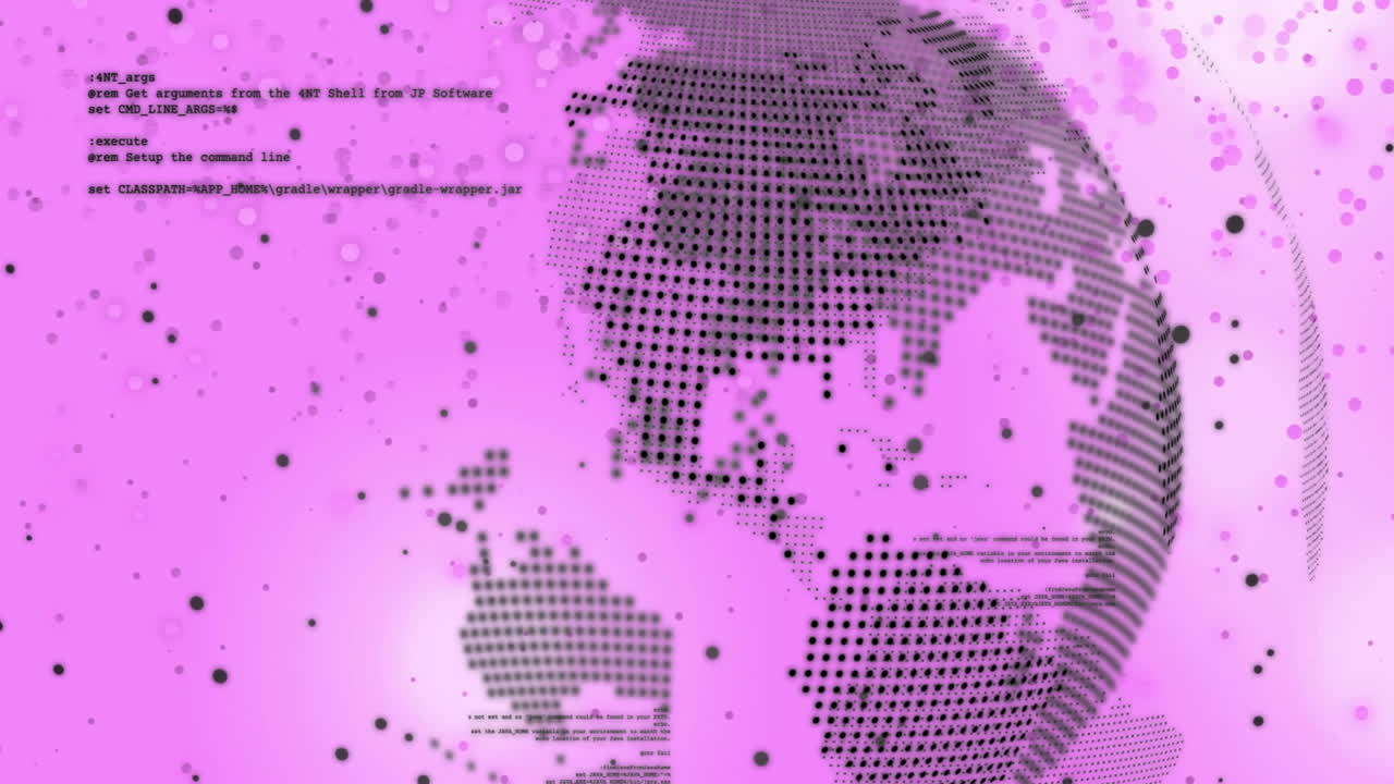 Animation of digital globe with pixelated continents on pink background with text