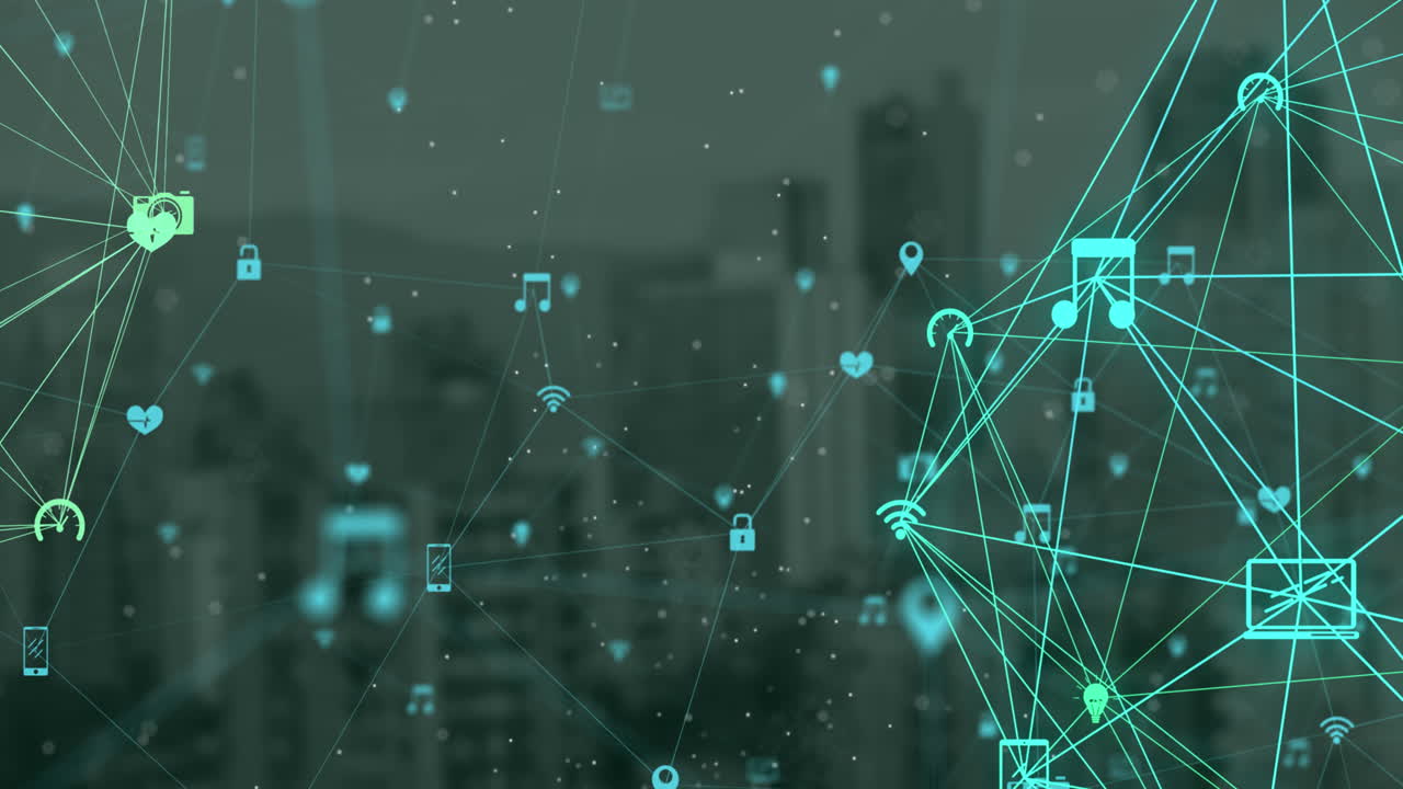 Animation of globes of digital icons spinning against aerial view of cityscape