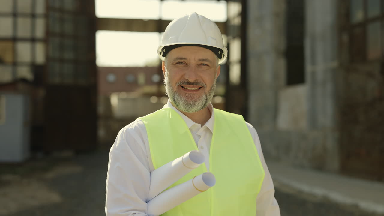 Engineer with blueprints at a construction site