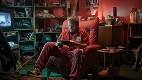 bored man dressed in a tracksuit lounging on a red armchair, watching television while holding a book in a cluttered, messy room filled with disorder and casual comfort