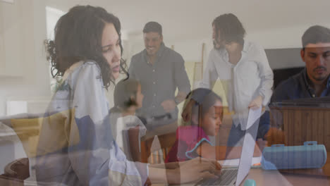 Composite-of-parents-and-daughter-working-at-home,-and-having-fun-dancing-together-at-home