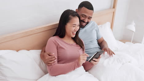 Bedroom,-phone-and-couple-laughing