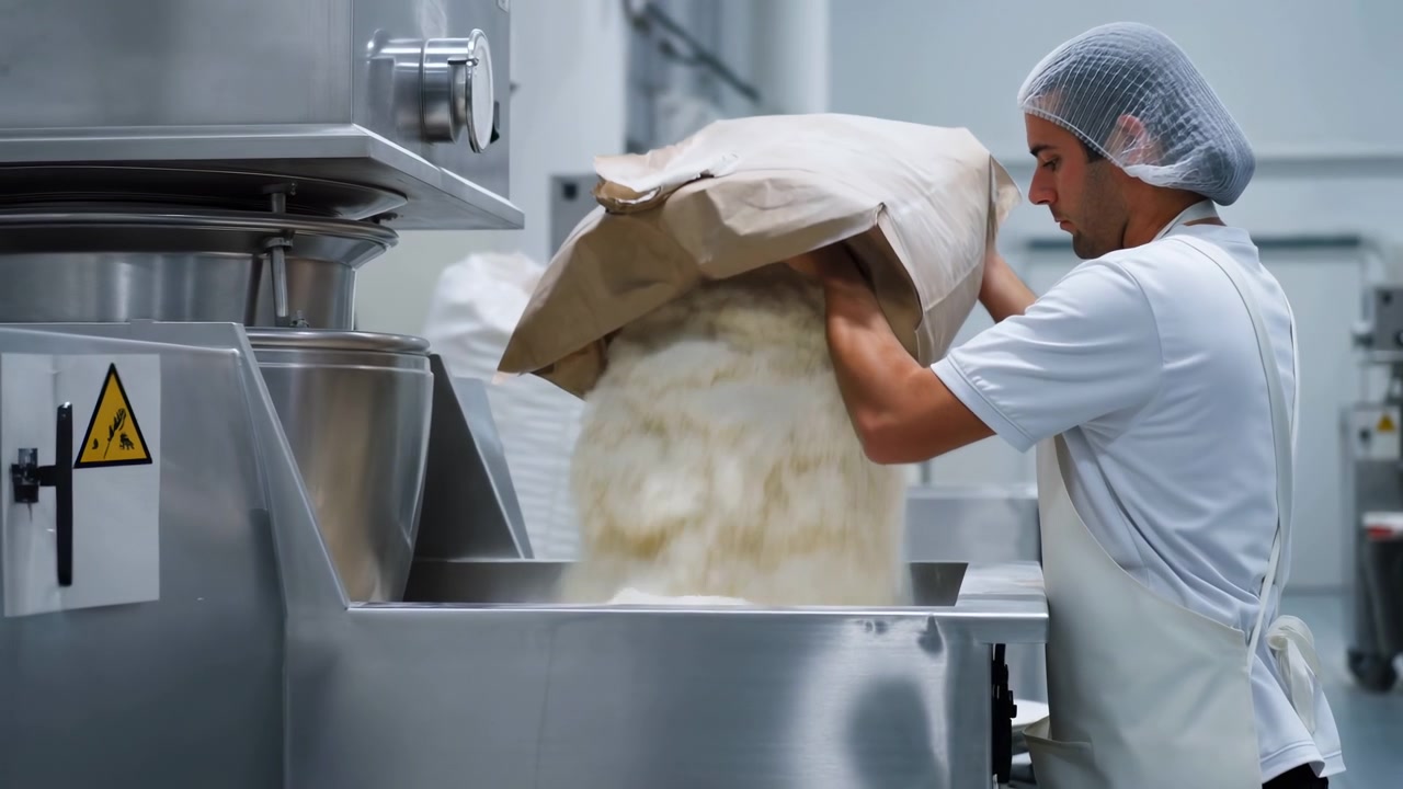 Male Baker Pouring Large Bag Flour Into Industrial Mixer, Stainless Machine In Commercial Bakery, Closeup Side