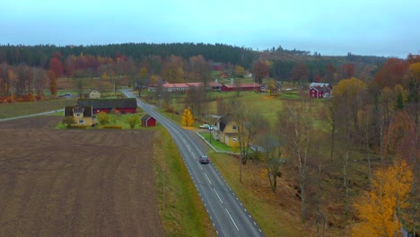 coche de vista aérea conduciendo a través de un hermoso pueblo pequeño, campo sueco, colores de otoño