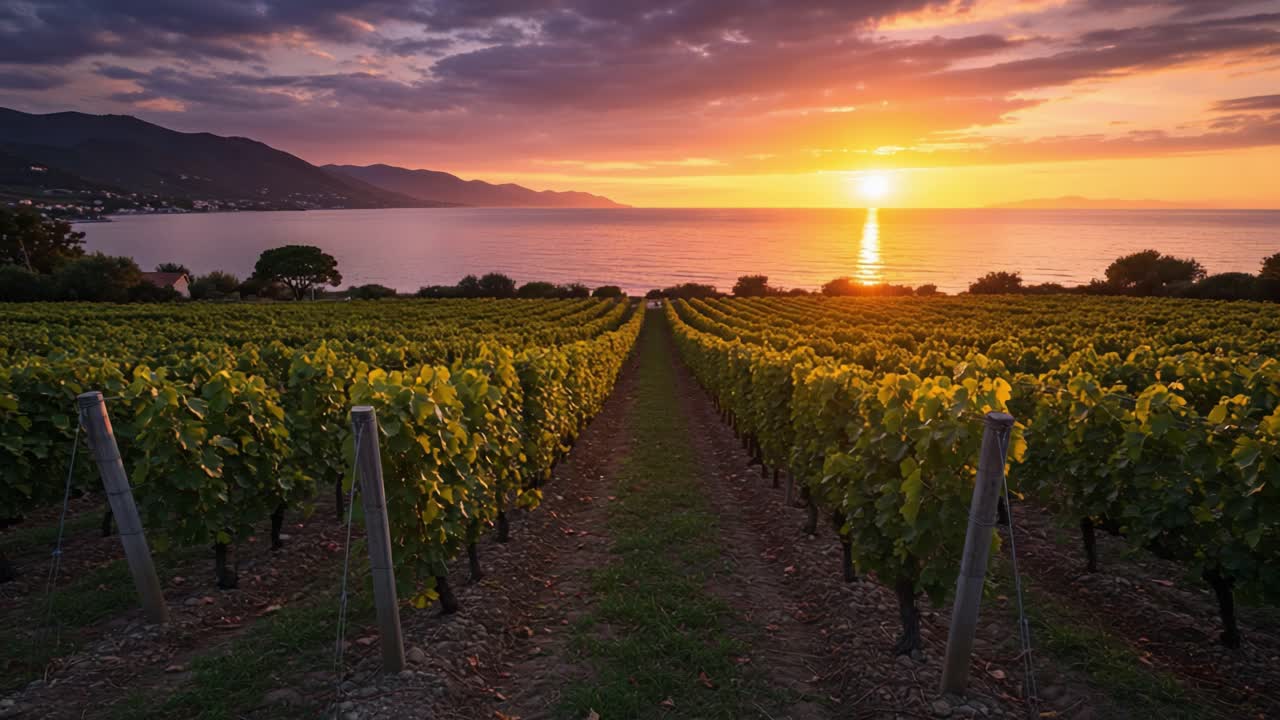 Tramonto mozzafiato su un vigneto panoramico: una vista serena di viti che si estendono verso l'orizzonte con cieli vivaci riflessi su acque calme.