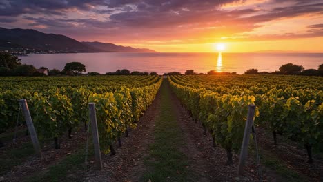 breathtaking sunset over a scenic vineyard: a serene view of grape vines stretching towards the horizon with vibrant skies reflected on calm waters