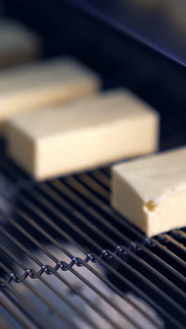 white milky sweets move along the conveyor grid. producing sweets at the confectionery enterprise. close up. vertical video