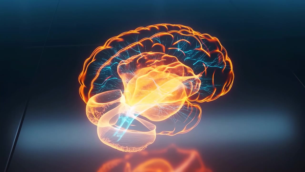 Un cervello arancione e blu brillante fluttua su uno sfondo astratto scuro, circondato da scie luminose e morbide, riflessi tenui e una tecnologia futuristica.