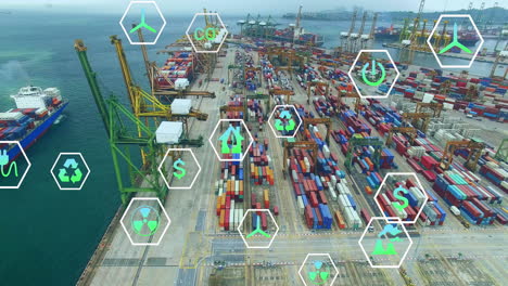 animation of network of eco and environmentally friendly icons over seaport