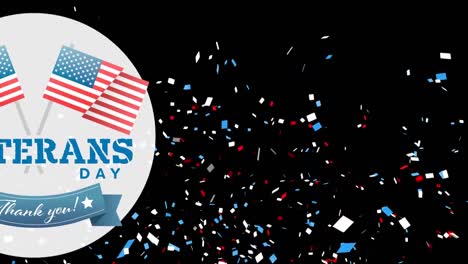 animation of veterans day text and falling confetti over dark background