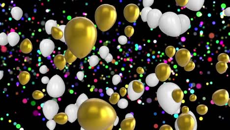 animation of golden and white balloons flying over glowing colorful lights