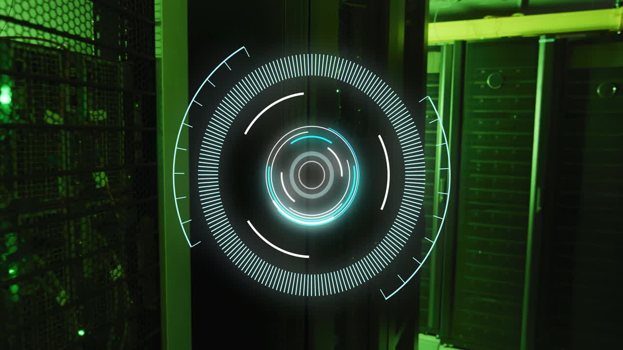In server room, green-lit environment with futuristic digital interface animation