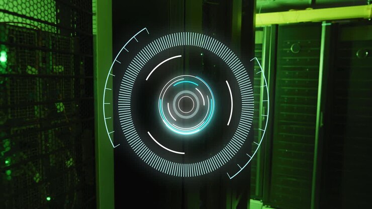 I serverrum, grøntbelyst miljø med futuristisk digital interface-animation