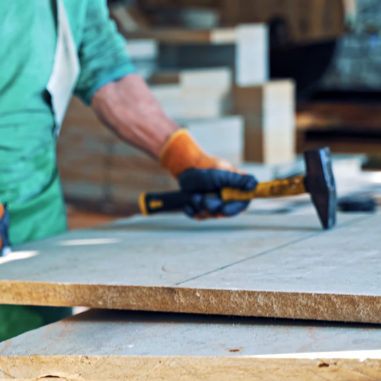 Worker man measures stone plate and breaks it with a hammer in the factory. Young man in protective uniform cuts the stone slab with a hammer indoors.