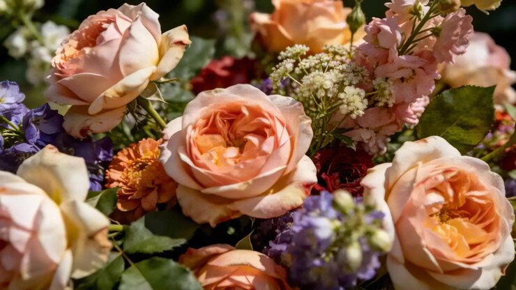 Kamera fokussiert scharf auf eine zentrale Gruppe pfirsichfarbener Gartenrosen in dunklem grünem Bokeh, wobei die Textur sichtbar wird.