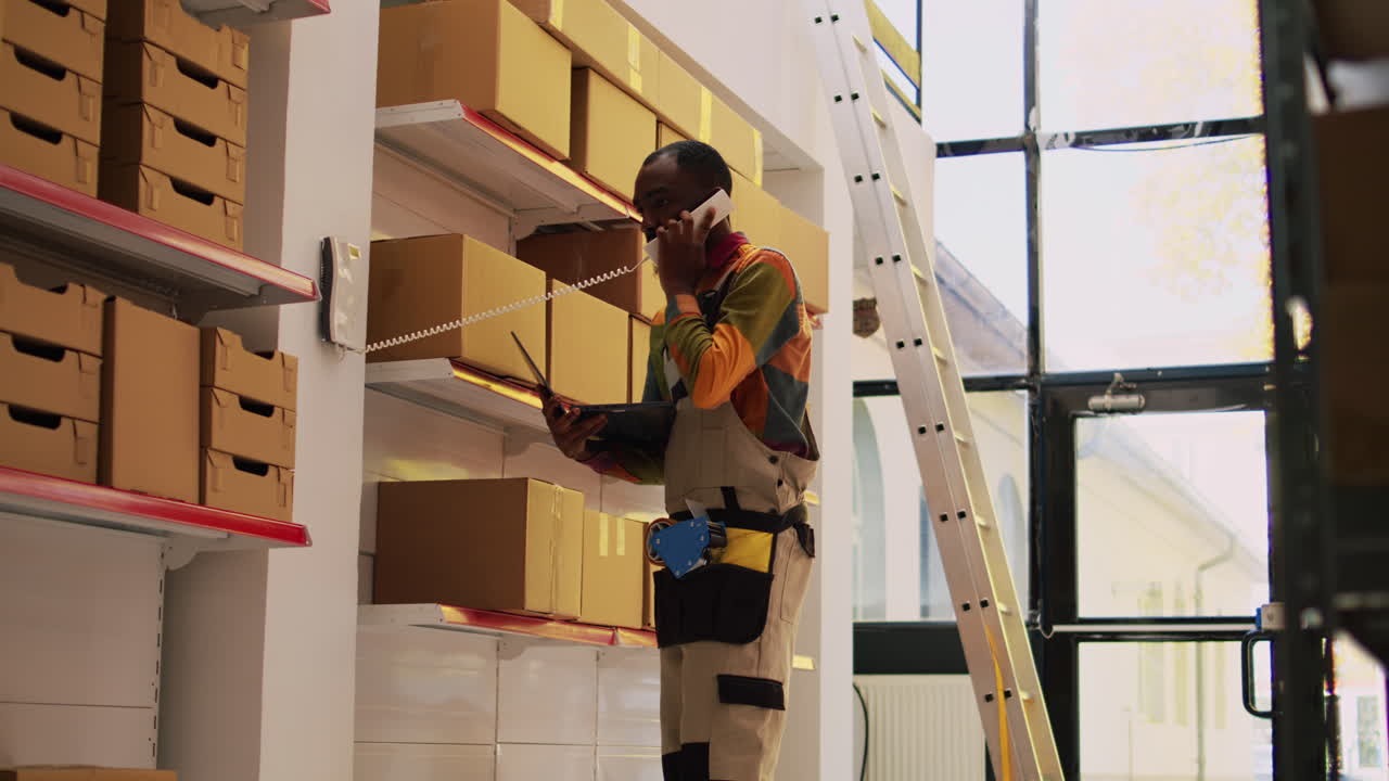 Warehouse worker checking inventory with a ladder in the background