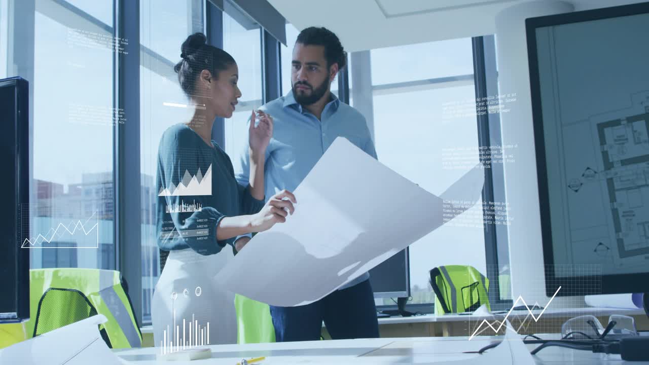 Two architects unfolding blueprint at office desk, analyzing design with holographic metric graphs