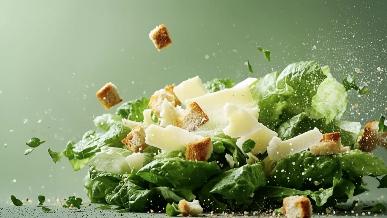 Crunchy green salad w/ cheese. Crisp lettuce, croutons, and cheese are tossed together in a lively mix, showcasing vibrant freshness and color.