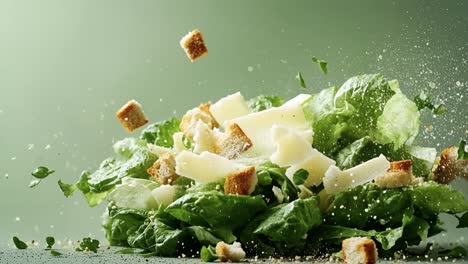 crunchy green salad w/ cheese. crisp lettuce, croutons, and cheese are tossed together in a lively mix, showcasing vibrant freshness and color.