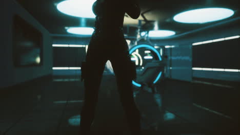 futuristic silhouette in a high tech laboratory setting during night hours