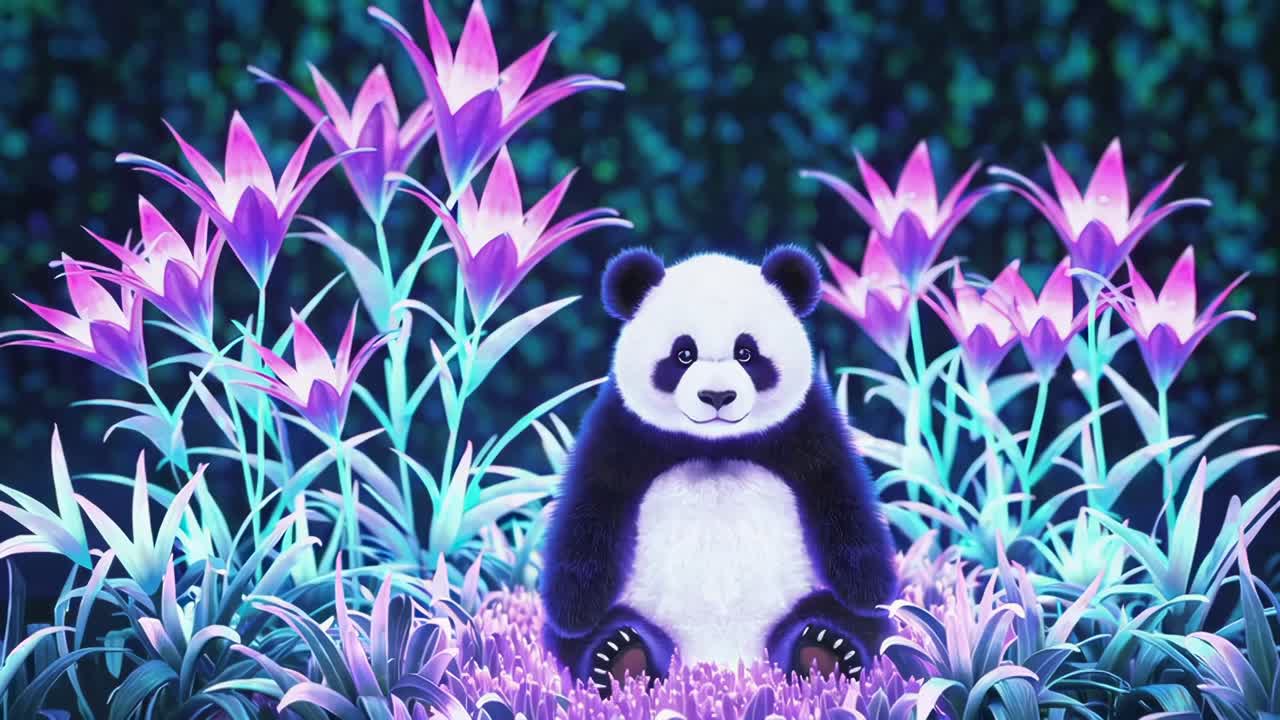 A whimsical video scene featuring a panda sitting among glowing purple flowers