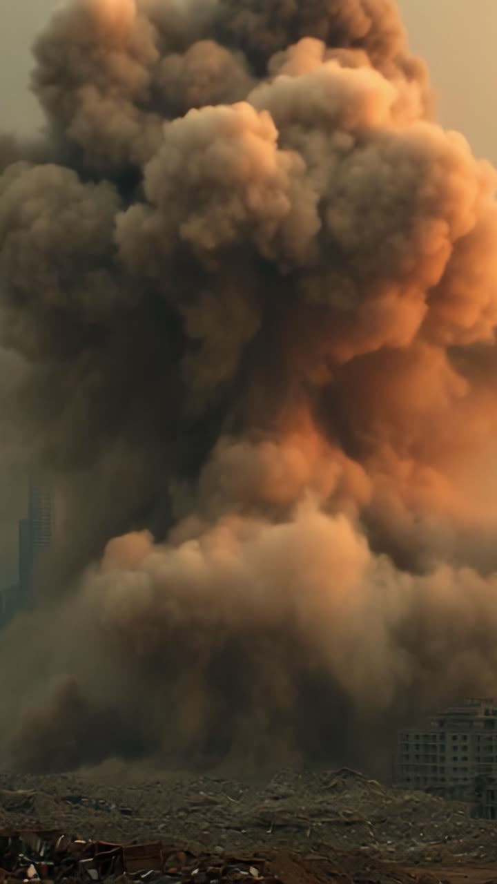 Una maestosa eruzione di fumo e polvere da una struttura che crolla sotto il cielo cupo, creando uno spettacolo aereo di bellezza nella distruzione e nel caos