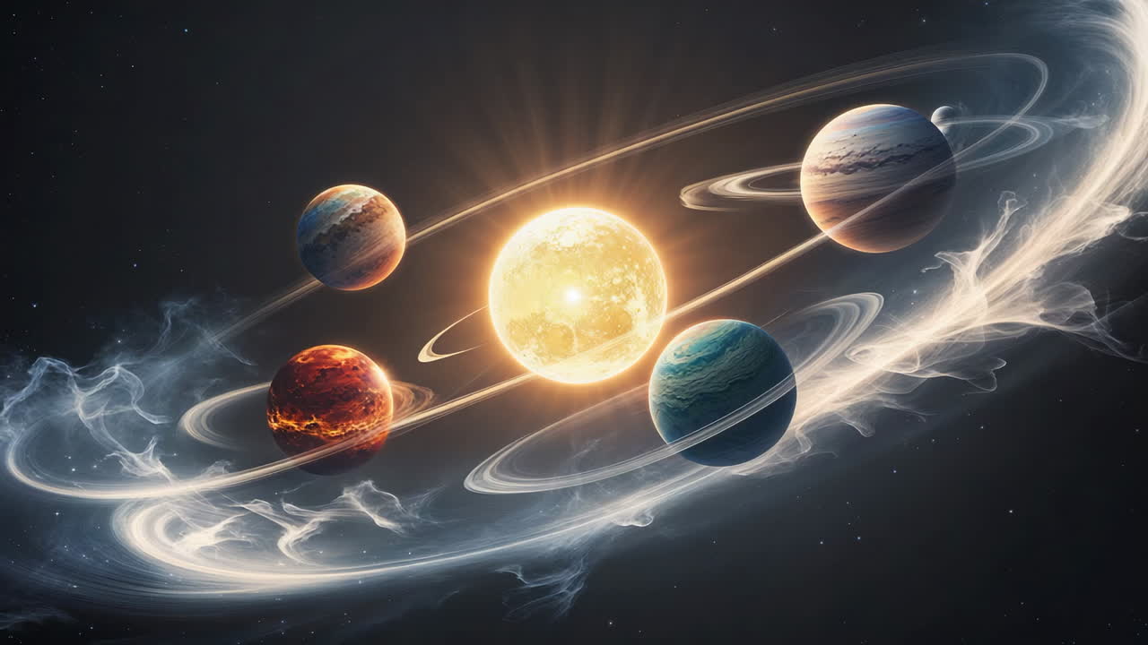 A vibrant artistic depiction of a star and multiple planets in a cosmic setting with swirling light trails