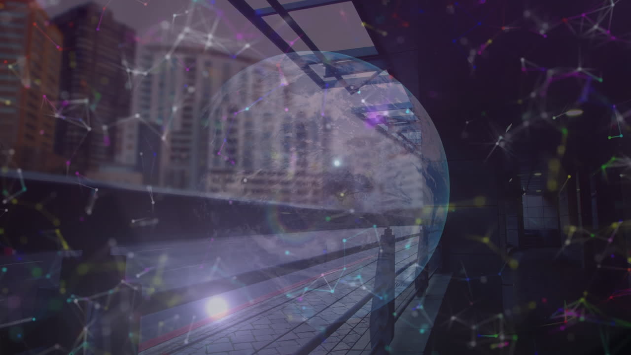 animación de formas y globos sobre el paisaje urbano