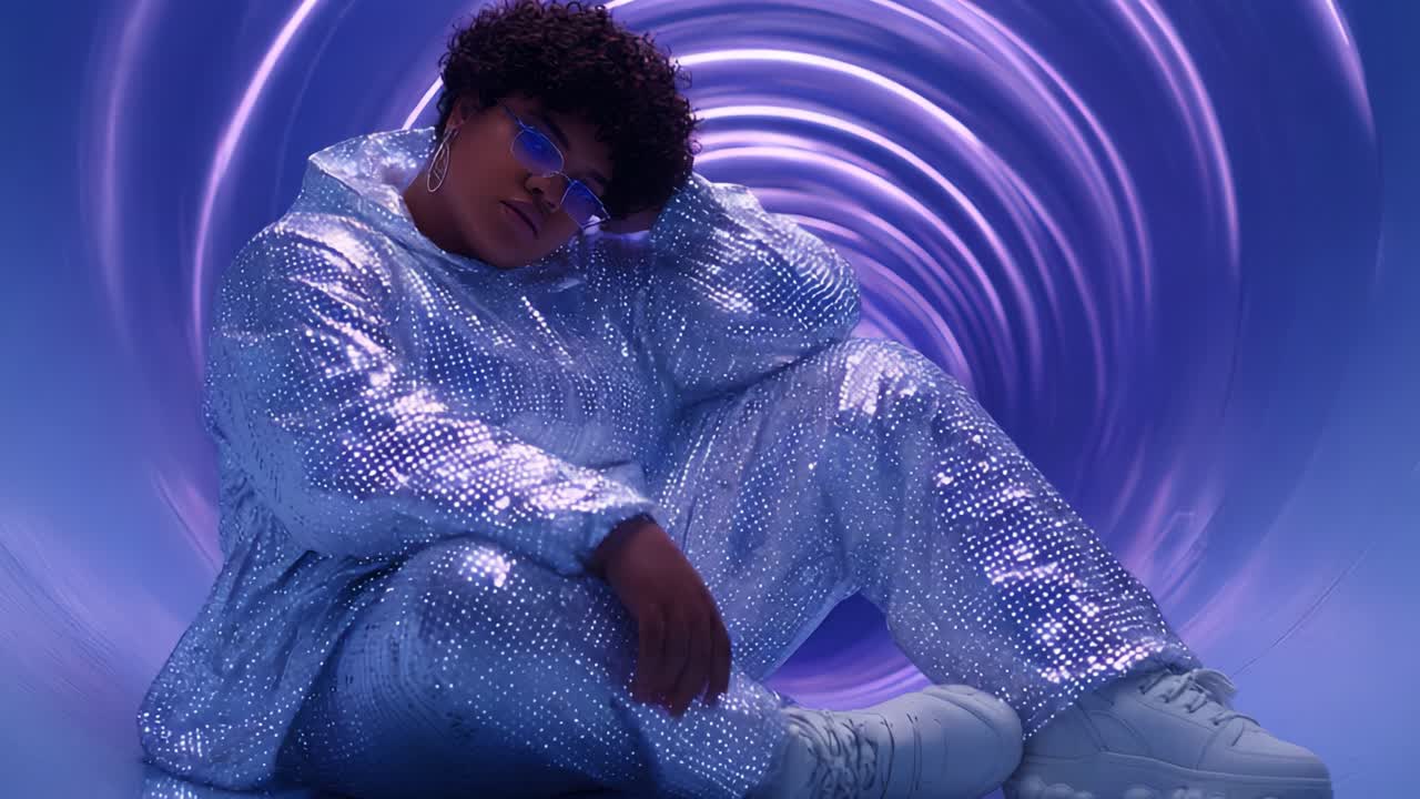 A stylish individual showcases unique fashion and vibrant personality, seated confidently in a futuristic tunnel illuminated by mesmerizing purple and blue lights, radiating modern energy