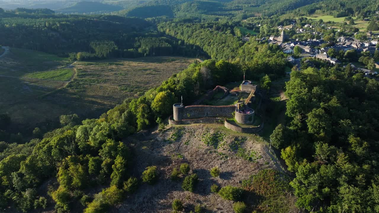 Aerial view of a castle ruins on a hill