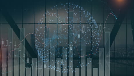 animation of graphs, connected dots globe over glass window against modern cityscape