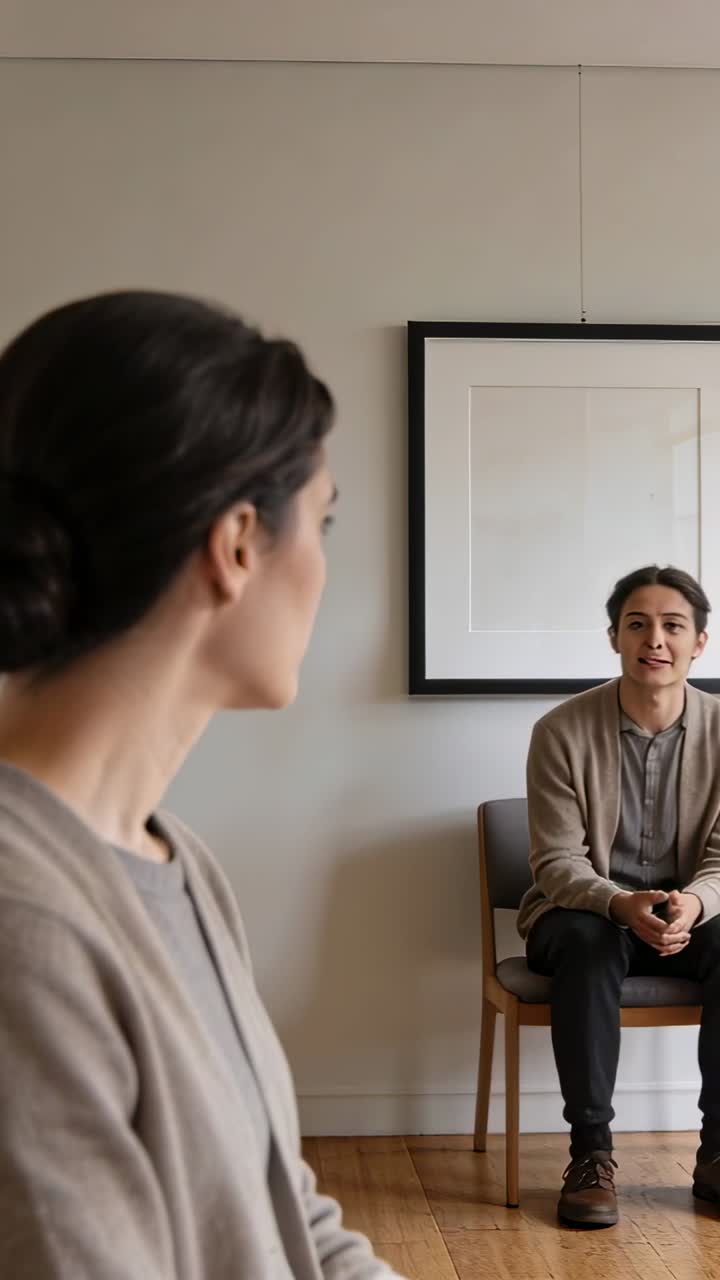 Vertikal video: Kvinde i cardigan vender sig og læner sig mod mand for at starte samtale i kontormiljø, med plads til tekst.