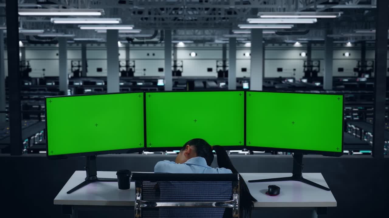 데이터 센터에서 모의 여러 컴퓨터 모니터와 함께 작업하는 동안 잠을 자는 피곤한 아시아 여성의 뒷면