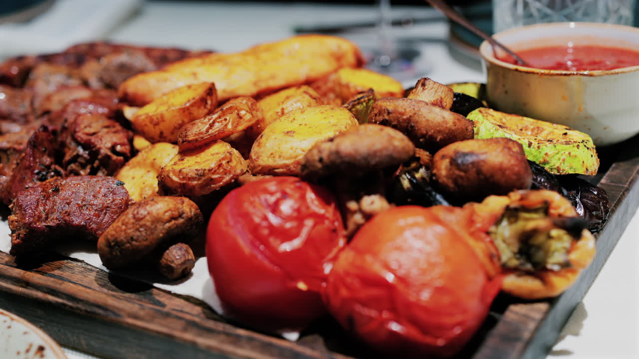 Juicy grilled meat served with golden roasted potatoes, tomatoes, mushrooms, and sauce
