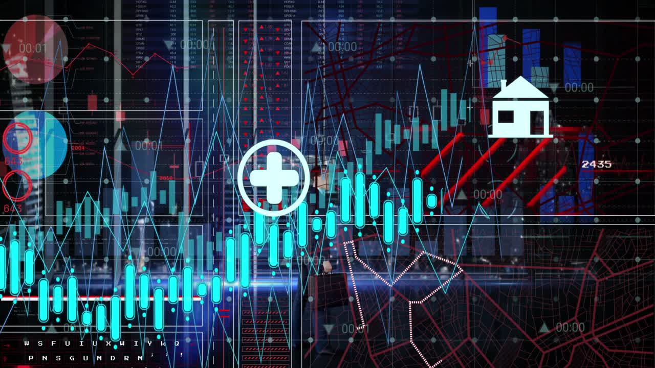 디지털 아이콘을 통해 금융 데이터 처리 및 범위 스캔의 애니메이션.