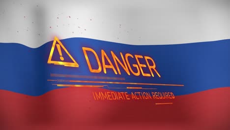 animación del texto de peligro y el símbolo sobre la bandera de rusia