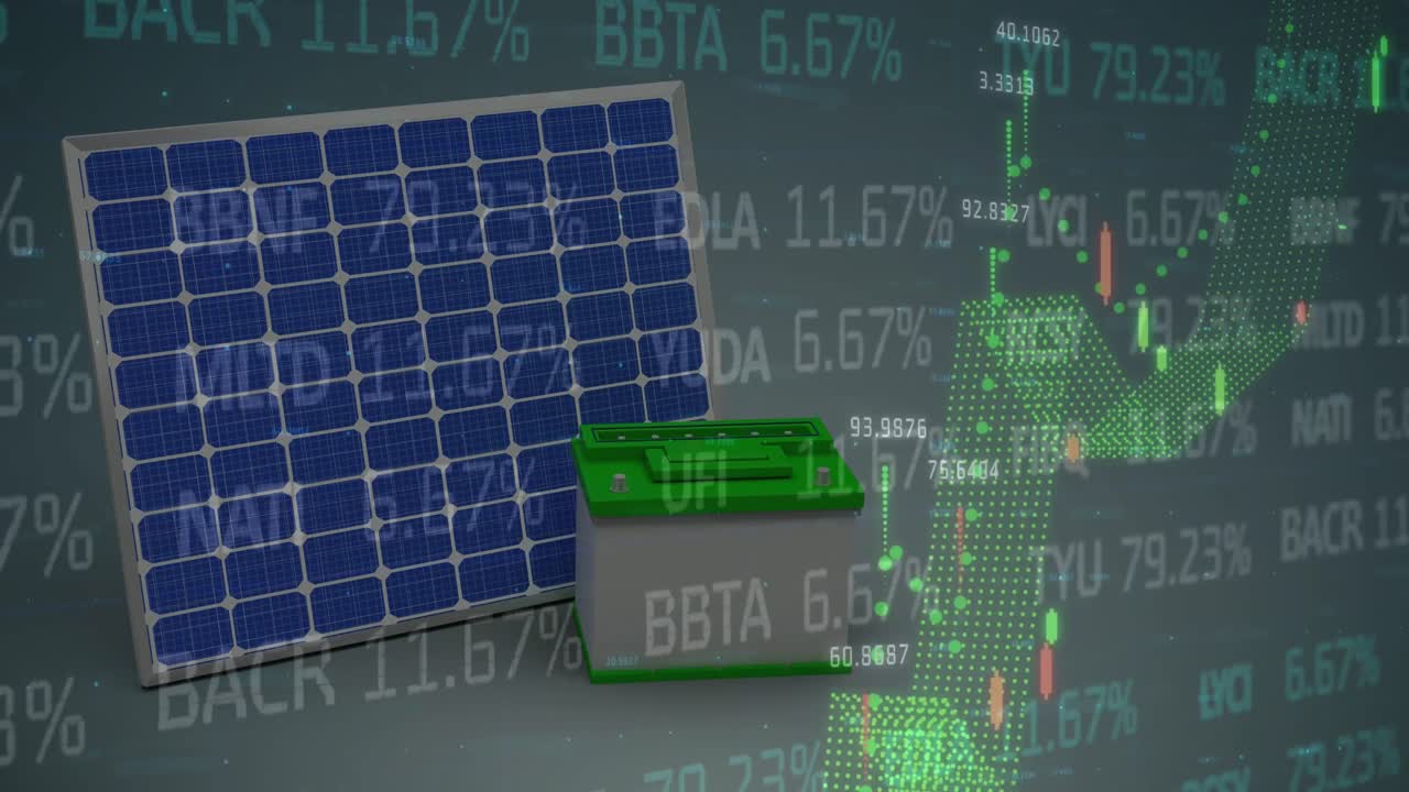 태양열 패널 위의 금융 데이터와 그래프의 애니메이션
