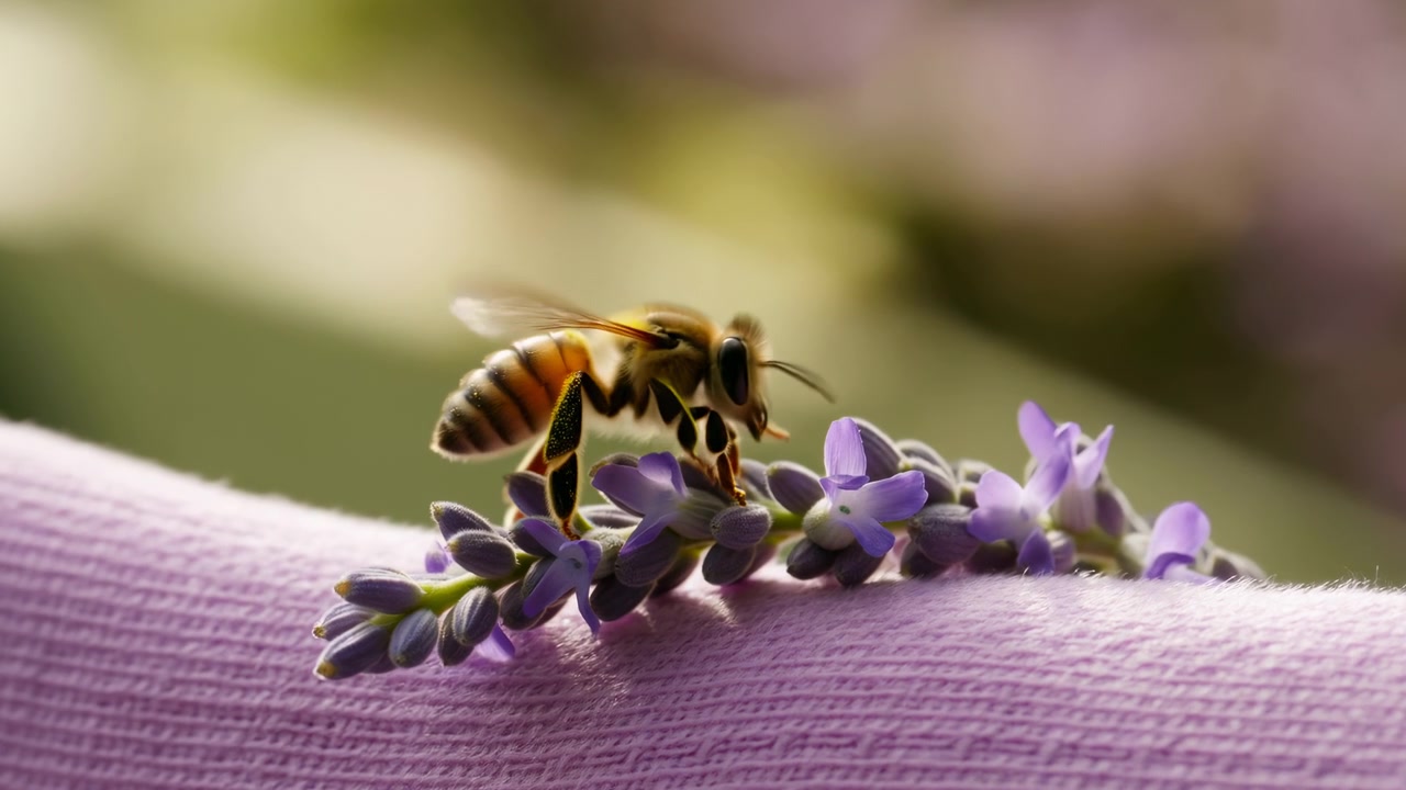 Close-up of a honeybee feeding on a lavender sprig placed on a pink textured fabric surface, with soft natural light and a blurred garden background