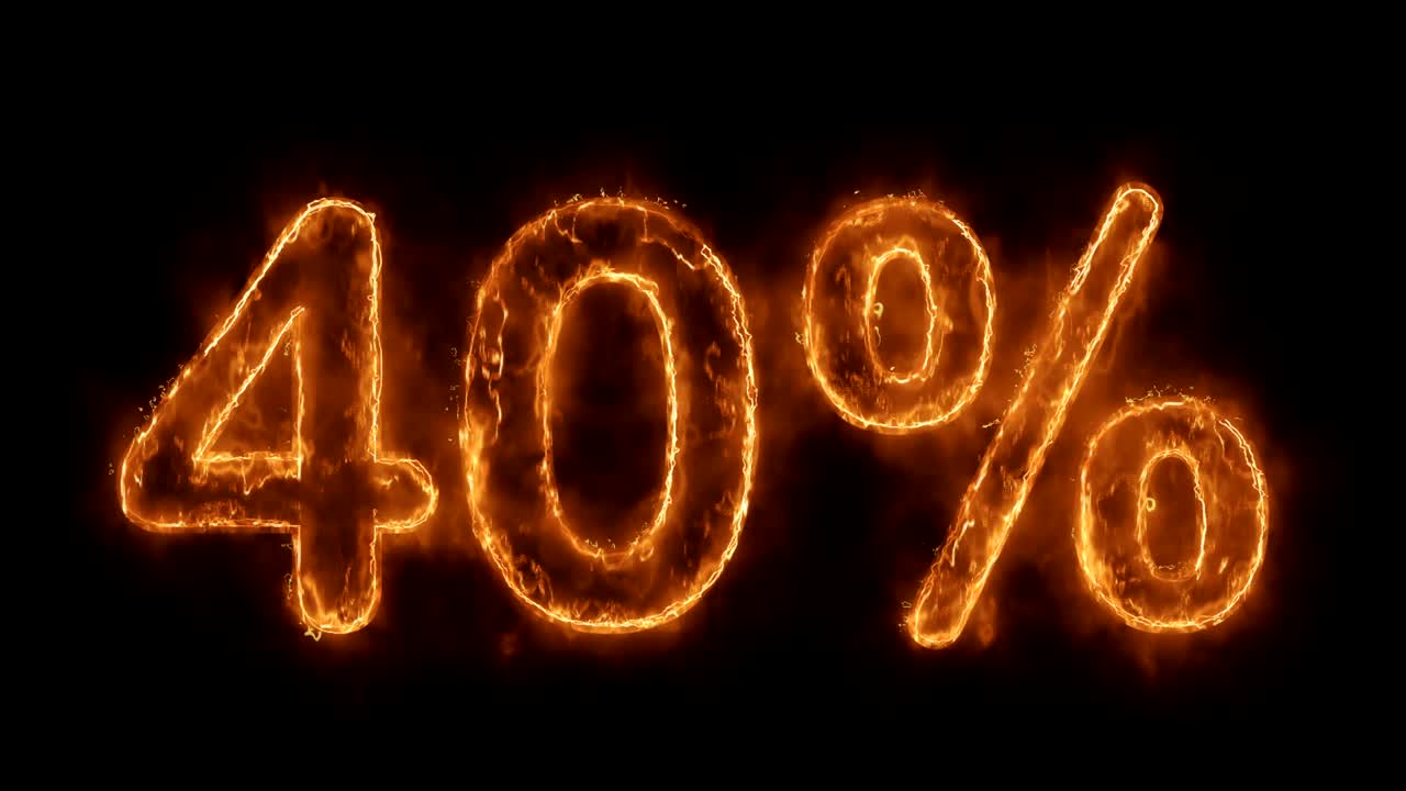 40% de descuento en palabras animadas calientes que queman un bucle de llamas de fuego realista.
