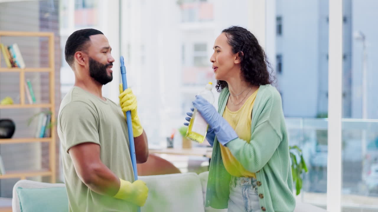 Cleaning, home and couple singing to music
