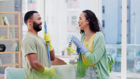 cleaning, home and couple singing to music