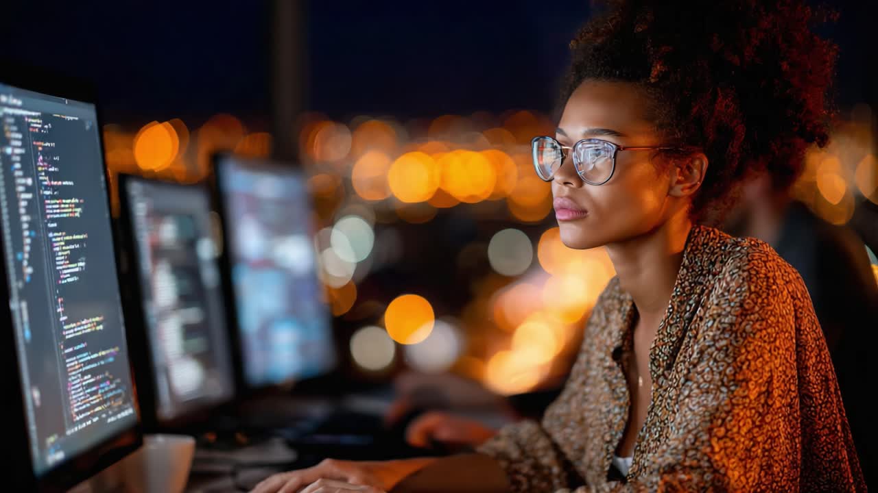 A focused individual programming at night, illuminated by computer screens and city lights, showcasing the dedication and creativity of technology enthusiasts during late hours