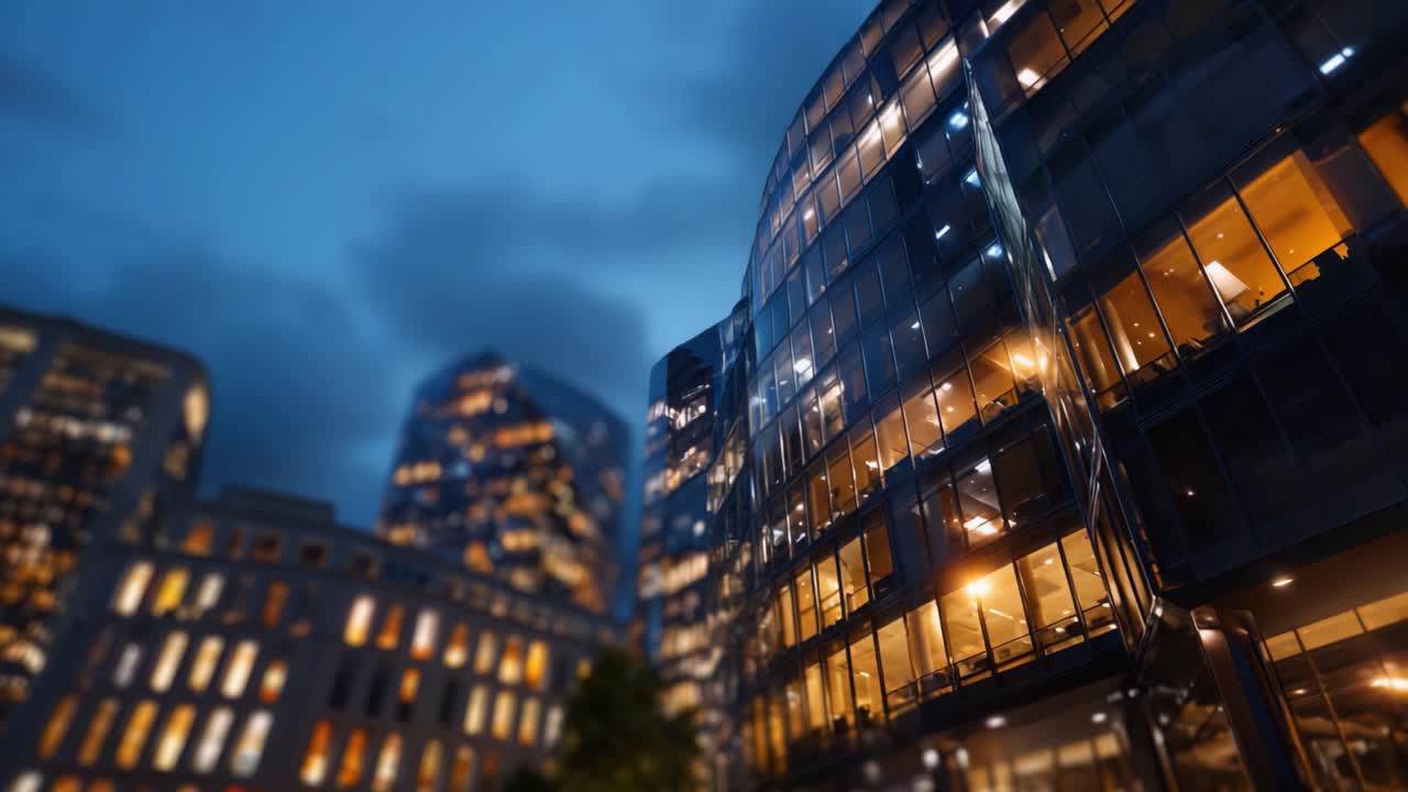 Uma vista impressionante de arranha-céus de vidro modernos iluminados à noite, mostrando sua beleza arquitetônica contra um céu crepuscular dramático em uma paisagem urbana