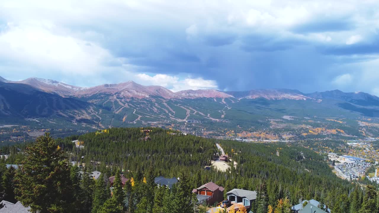 Drone flyover of Breckenridge ski resort in fall