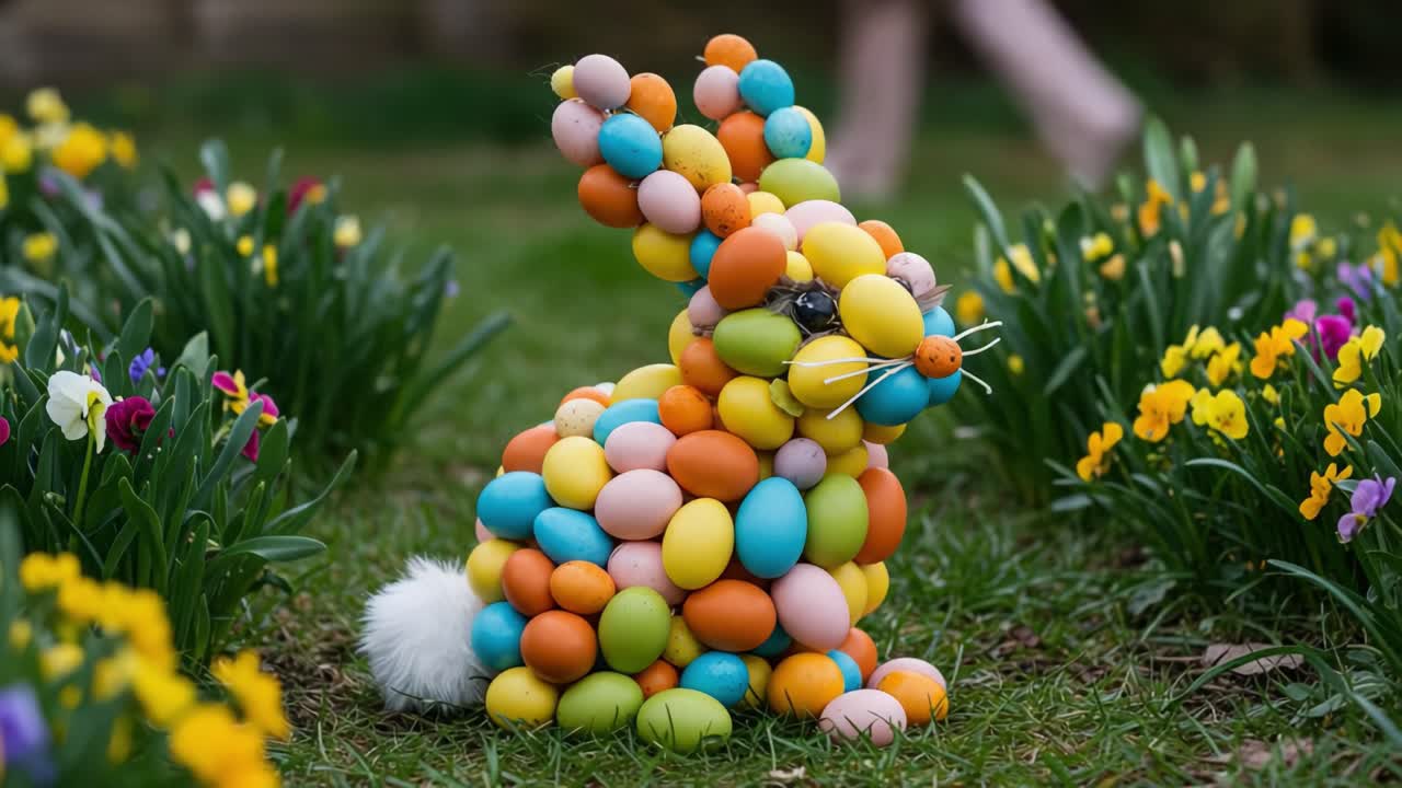 Colorful Easter Bunny Made of Decorative Eggs Surrounded by Vibrant Floral Garden, Capturing the Spirit of Spring Celebrations and Festivities