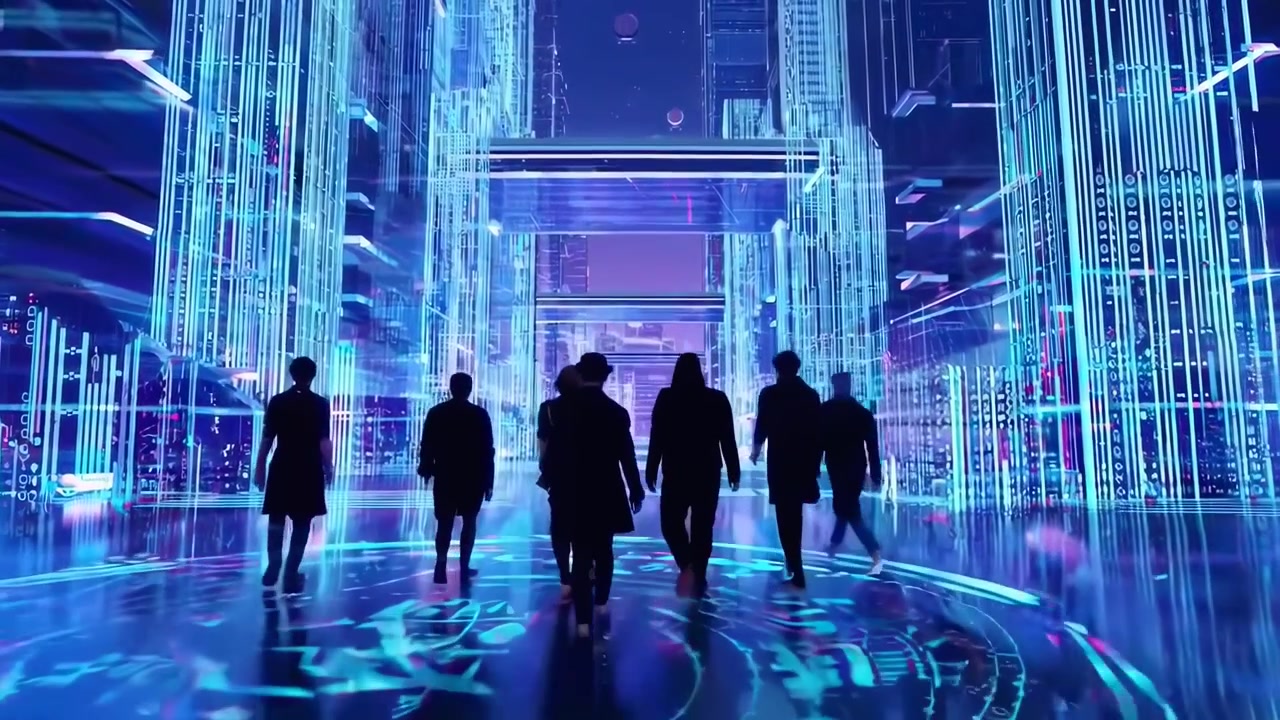 Group of People Walking Through a Futuristic Digital City