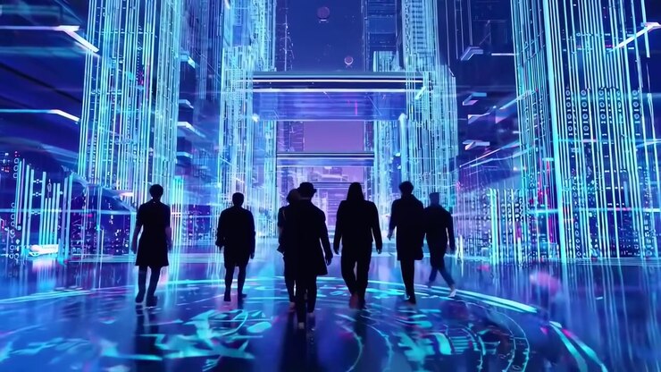 Group of People Walking Through a Futuristic Digital City