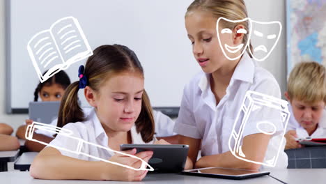 children using tablets in classroom with education-themed animation over them