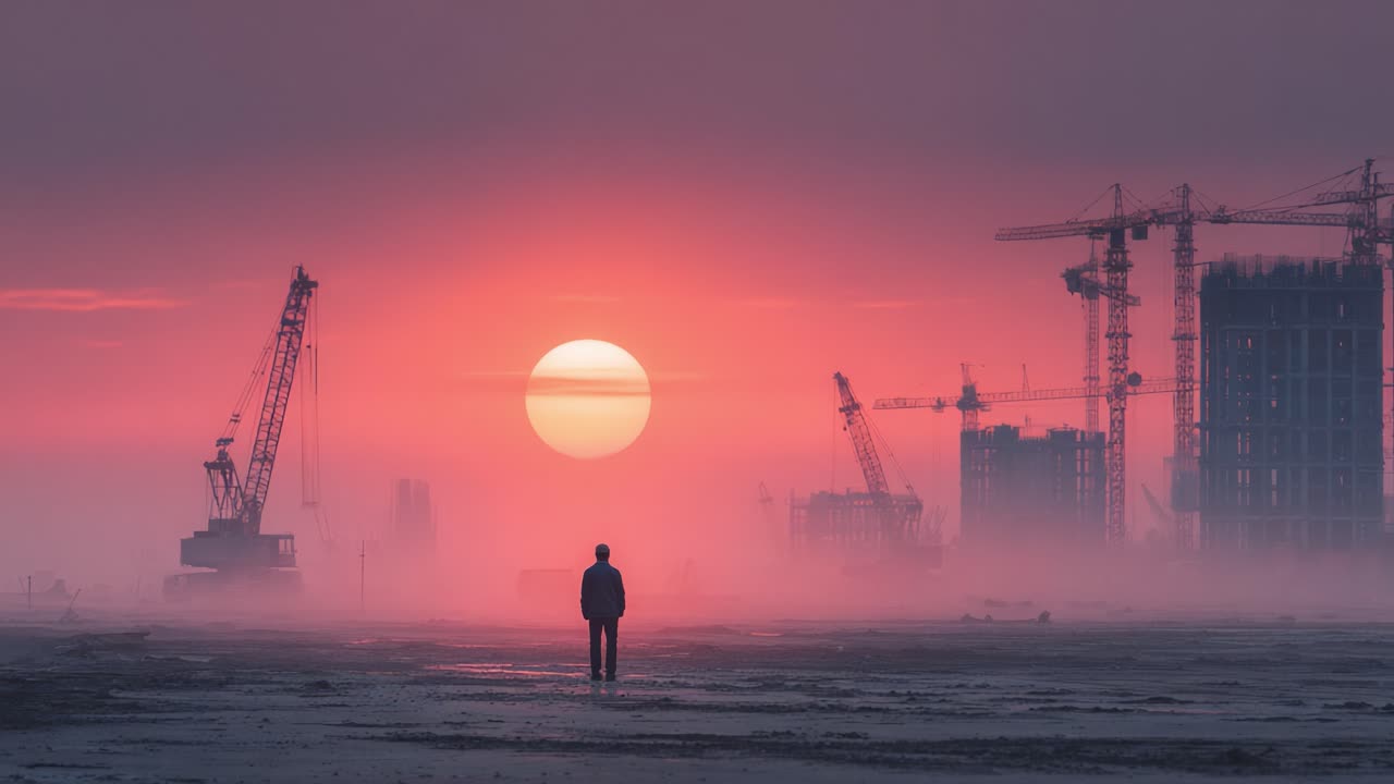 A lone figure stands in awe of a stunning sunset amidst a construction site, with silhouettes of cranes and buildings creating a dramatic backdrop and illuminating the horizon with vibrant colors